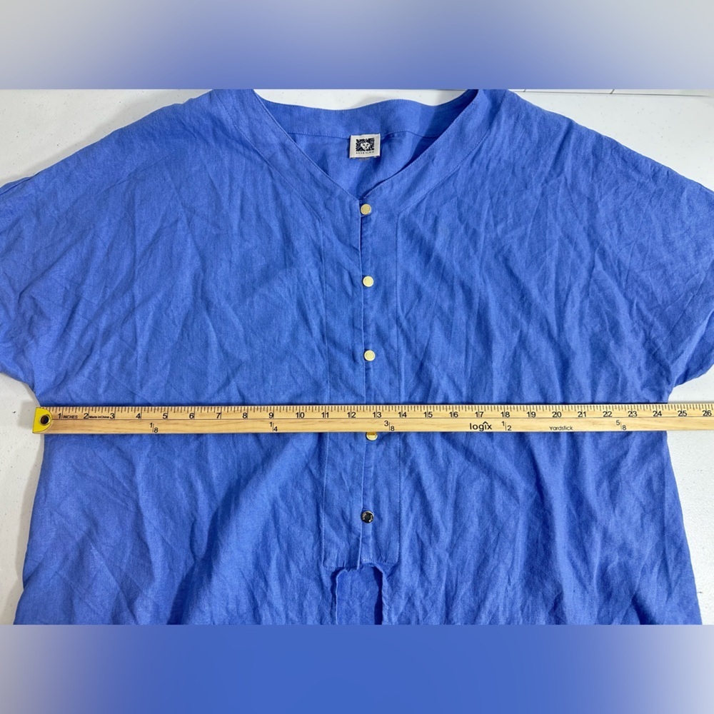 Anne Klein Sz L Women’s Linen Blend Short Sleeve Front Tie Blue Top Boho Resort - Picture 12 of 13